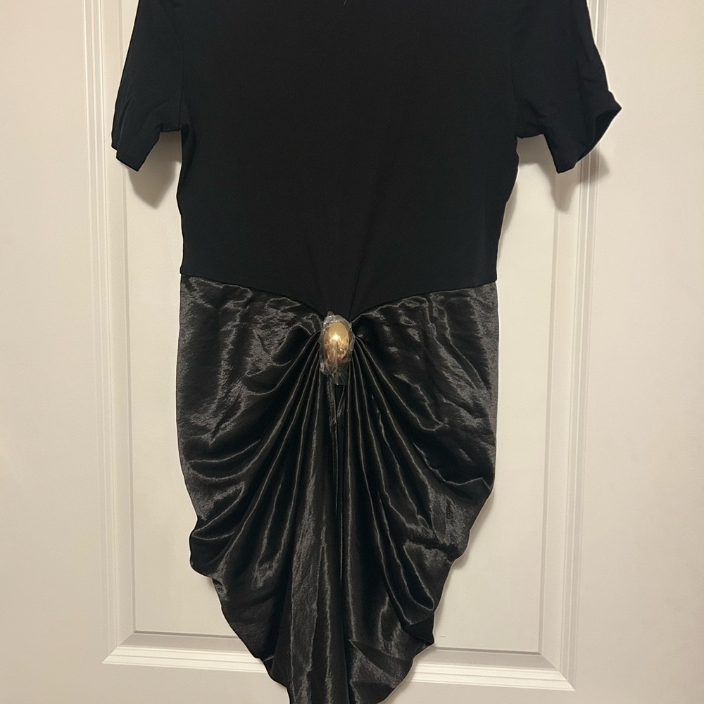 Commense Black Mini Dress with Satin Draped Skirt and Gold Accent